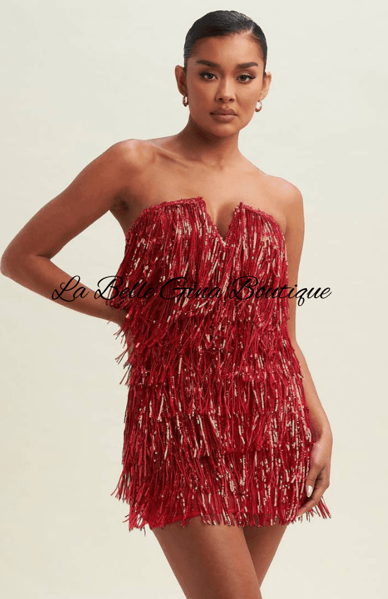 gina mini dress Gina Sequin Strapless V-Neck Fringe Mini Dress-Red Red / Small