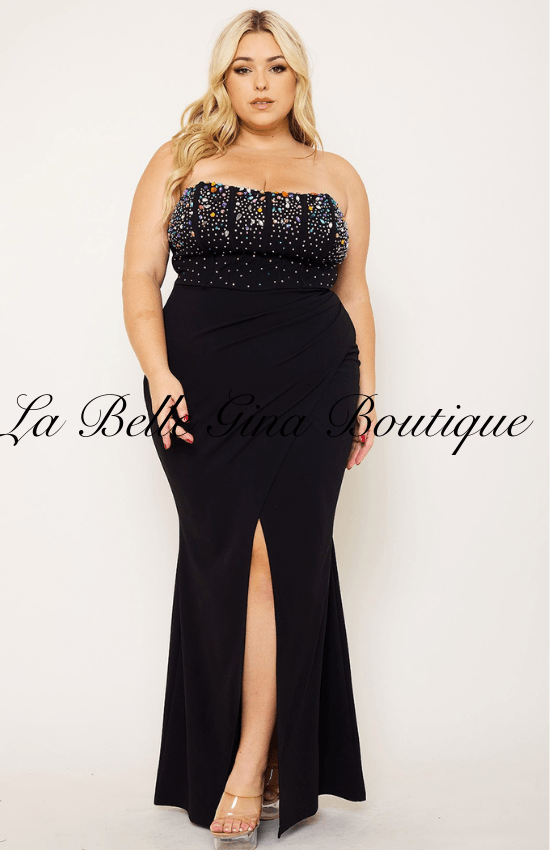 Kellie Multi Size Rhinestone Bustier Maxi Dress Maroon / Medium