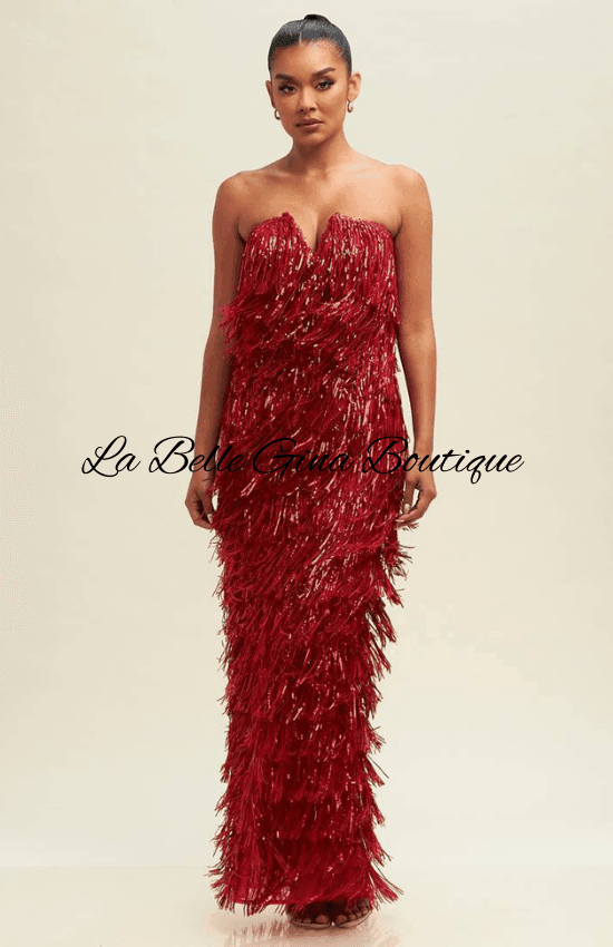 Gina Sequin Strapless V-Neck Fringe Maxi Dress-Red Red / Large Gina Sequin Strapless V-Neck Fringe Maxi Dress-Red Red / Large