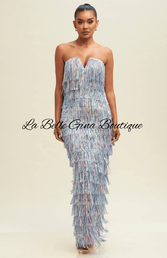 Gina Sequin Strapless V-Neck Fringe Maxi Dress-Lavender Multi Lavender Multi / Small