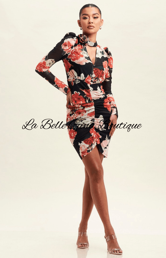 Gabriella Long Sleeves V-Neck Mesh Shirred Midi Dress-Black Multi Black Multi / Medium