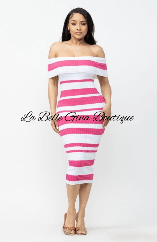 Laura Off Shoulder StripeElegant Midi Dress-Pink/White Pink/White / Medium