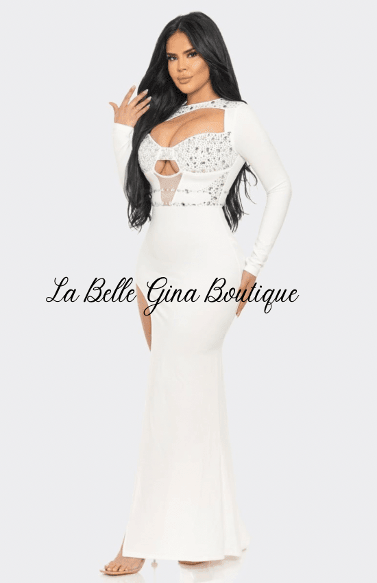 knee length dresses for ladies La Belle Gina Rhinestone Cut Out Comfortable Elegant Wedding Birthday Holiday Special Occasion Anniversary Long Sleeves Maxi Dress-White White /