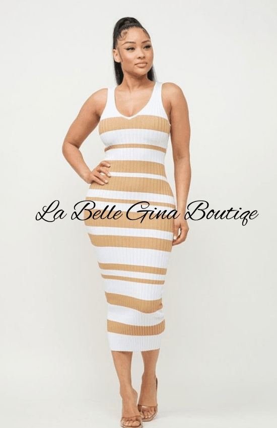 lydia midi dress Lydia Sleeveless Striped V-Neck Midi Dress-White/Taupe