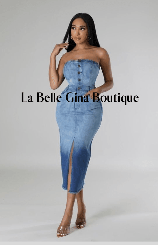 denim button tube dress Embroidered Button Up Tube Denim Dress Large