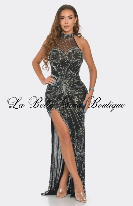 Gardie Rhinestone Choker Neck Maxi Dress