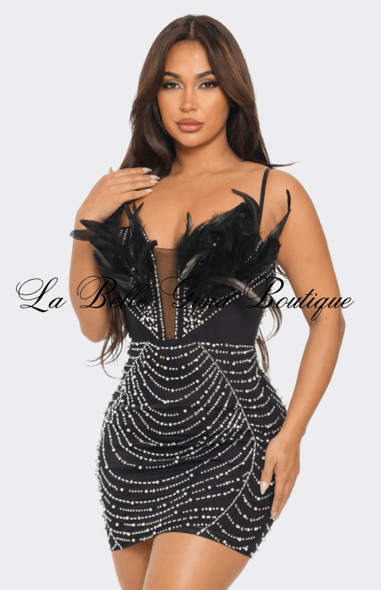 Feather Rhinestone/Pearl Bodycon Mini Dress– La Belle Gina Boutique