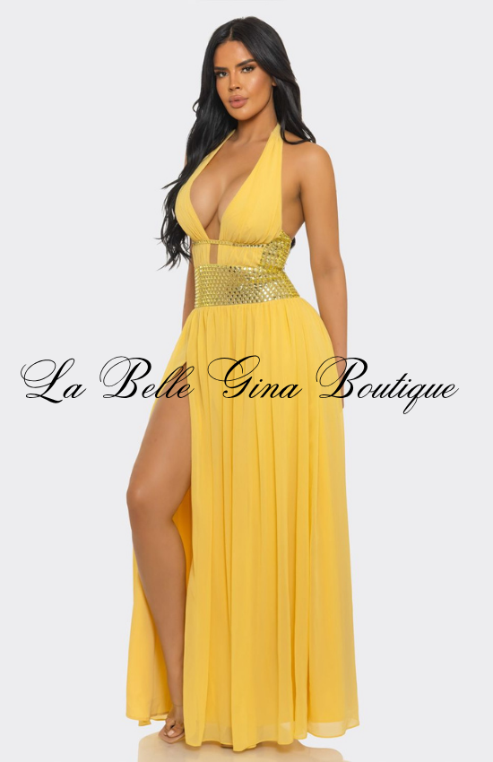 Rhinestone Halter Maxi Dress | Elegant Slit Gown  La Belle Gina Boutique