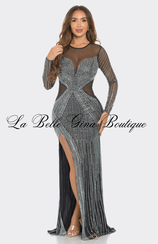 Claudia Rhinestone Mesh Long Sleeve Maxi Dress Brown / S Claudia Rhinestone Mesh Long Sleeve Maxi Dress Brown / S