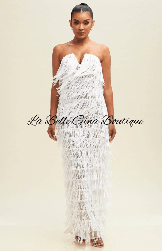 white sequin strapless dress Gina Sequin Strapless V-Neck Fringe Maxi Dress-White