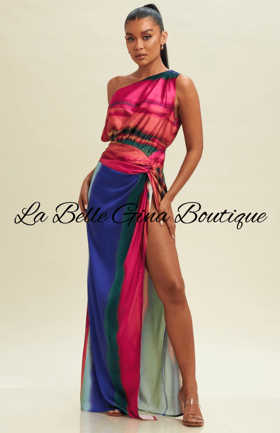 knee length dresses for ladies Rainbow Stripes Halter Maxi Dress by Peach Love main image 1