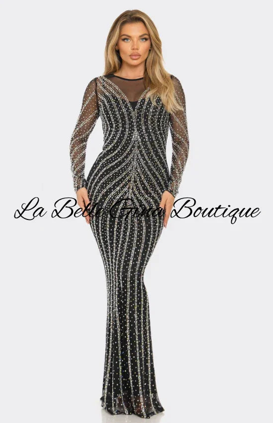 rhinestone mesh long sleeve bodycon dress Black Rhinestone Mesh Long Sleeve Gown – Glamorous Bodycon Evening Dress