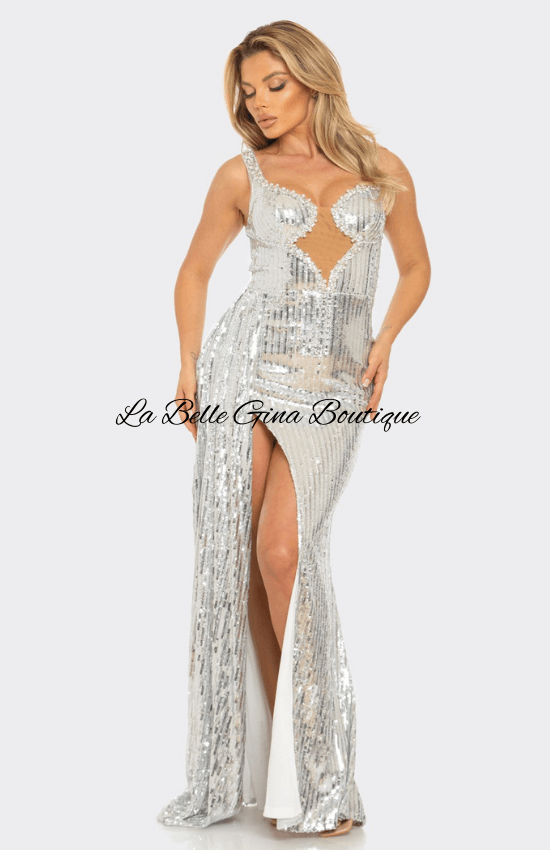 Sara Sequin Pearl Embellished Side Draping Maxi Dress-Silver La Belle Gina Boutique Sara Sequin Pearl Embellished Side Draping Maxi Dress-Silver La Belle Gina Boutique
