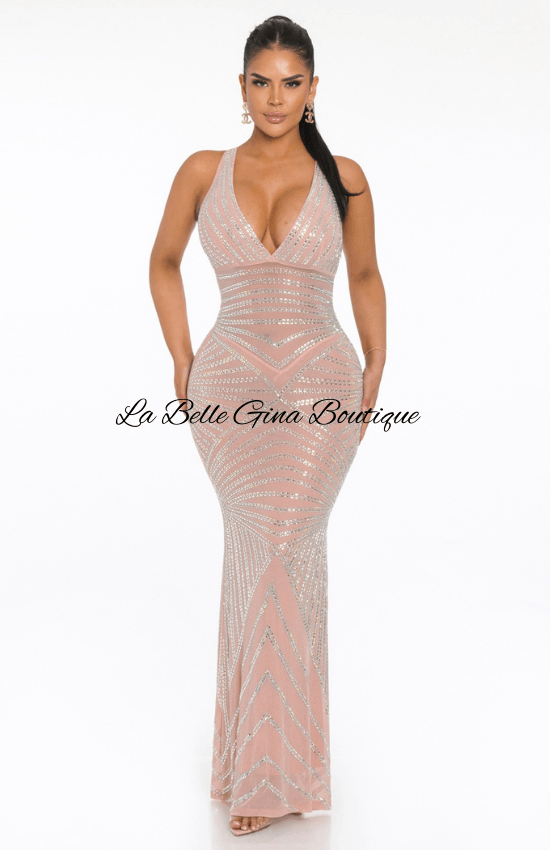 Sandie Rhinestone Deep V-neck Maxi Dress-Pink – La Belle Gina Boutique