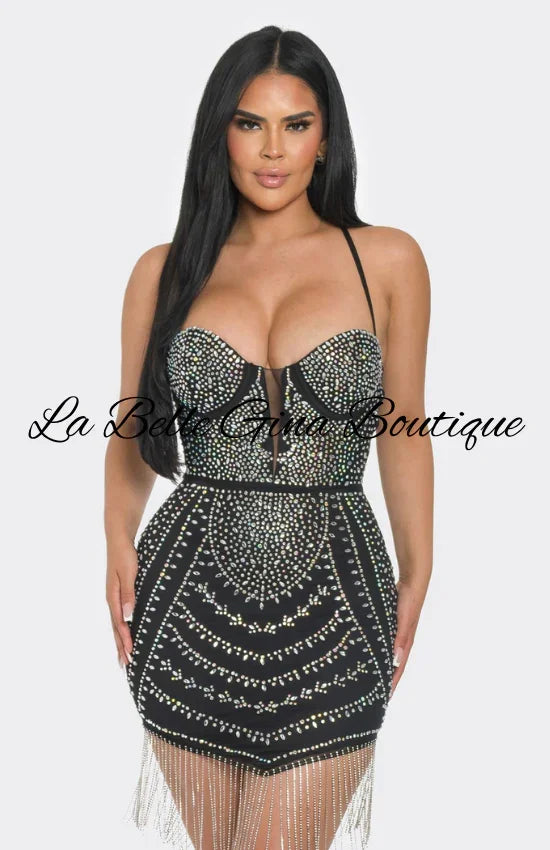 black mini dress with rhinestone fringe Black Mini Dress with Fringe and Sequins XXS / 0 / Black