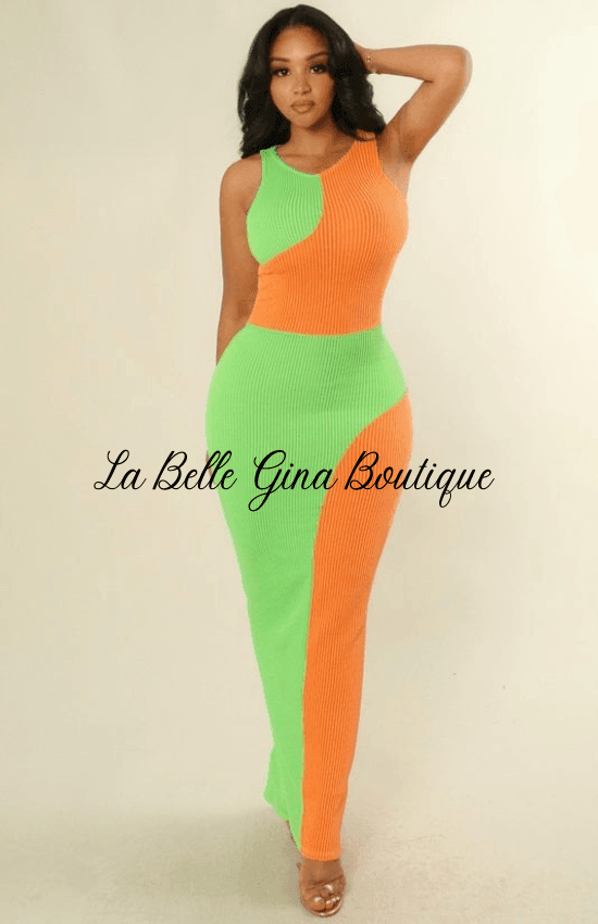 Lara Two Tone Color Block Ribbed Sleeveless Long Dress Casual Summer Maxi Bodycon Dress Mint/Pink / Small