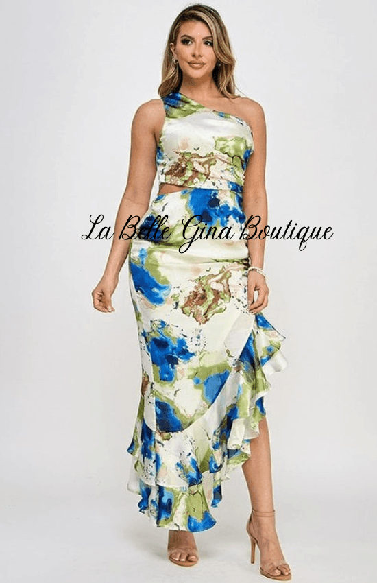 ERMITE One Shoulder Waist Cut Out Maxi Dress Green / Medium