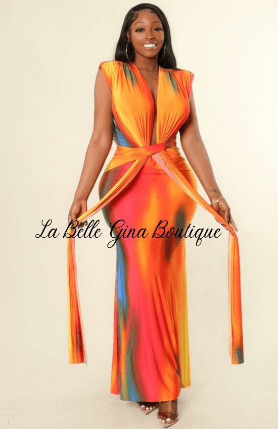 Gina Tropical Pattern Power Shoulder Maxi Dress Multi / Small