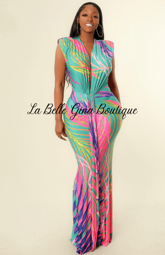 gina silk dress Gina Tropical Pattern Power Shoulder Maxi Dress – La Belle Gina Boutique