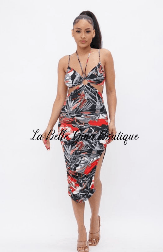 Vava Printed Halter Neck Cut-Out vacation Summer Fall Floral Midi Dress Multi / Medium Vava Printed Halter Neck Cut-Out vacation Summer Fall Floral Midi Dress Multi / Medium