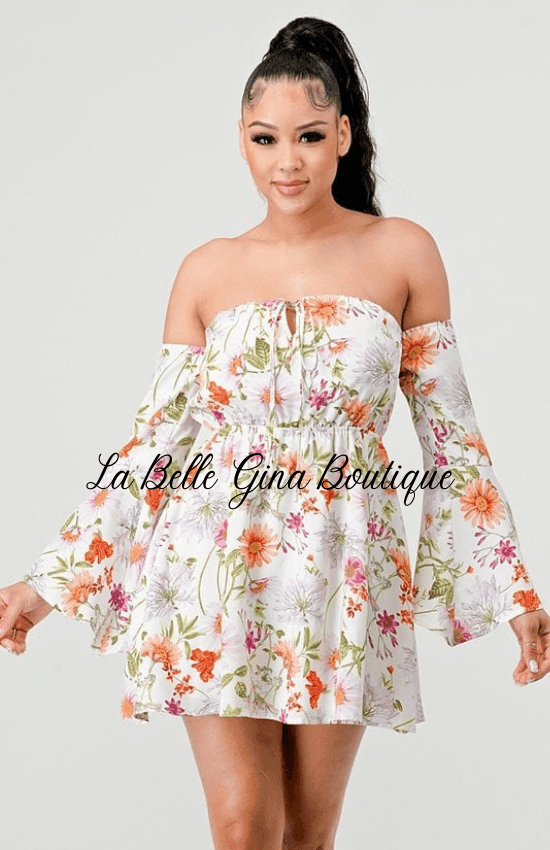 Mya Floral Off Shoulder Bell Sleeves Keyhole Fit Flare Mini Dress – La  Belle Gina Boutique
