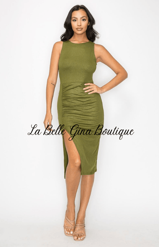 Nelle Sleeveless Side Rushed and Slit Bodycon Casual Midi Dress Sky / Medium
