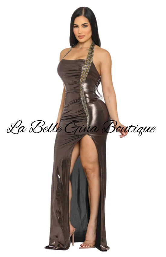 Elegant Metallic Halter Maxi Dress for Parties & Nights Out – La Belle Gina  Boutique
