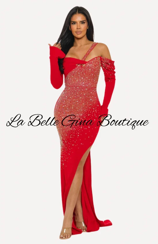 red rhinestone party dress Dark Red Velvet A-line V-neck Rhinestone Straps Prom Dresses With Slit,  MP939