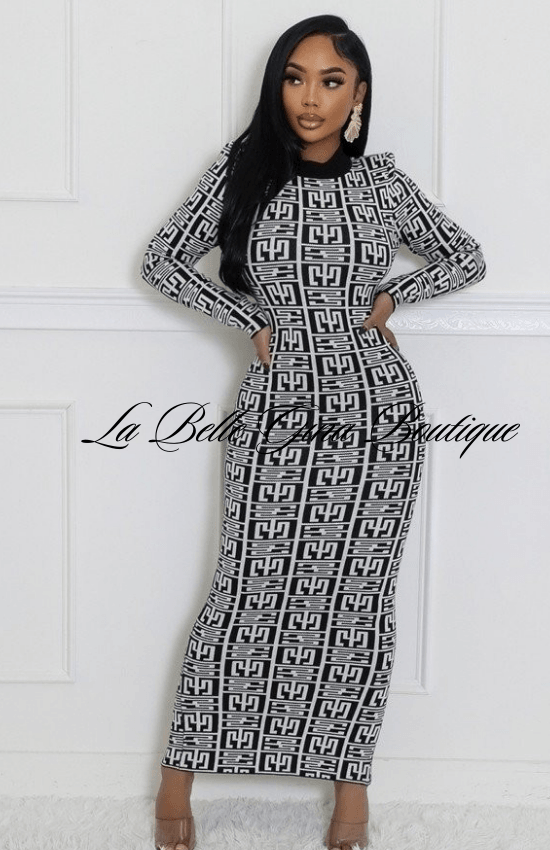 Gina Stretch Long Sleeves Open Back Maxi Dress-Black/White Black/White / Small