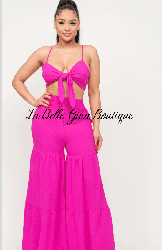June Open Front Tie Top and Wide Flare Pants Set-Fuchsia – La Belle Gina  Boutique