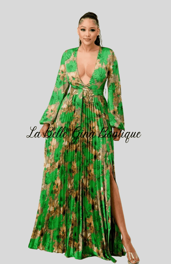 Lara Floral Print Pleated Maxi Dress-Green Combo La Belle Gina Boutique Lara Floral Print Pleated Maxi Dress-Green Combo La Belle Gina Boutique