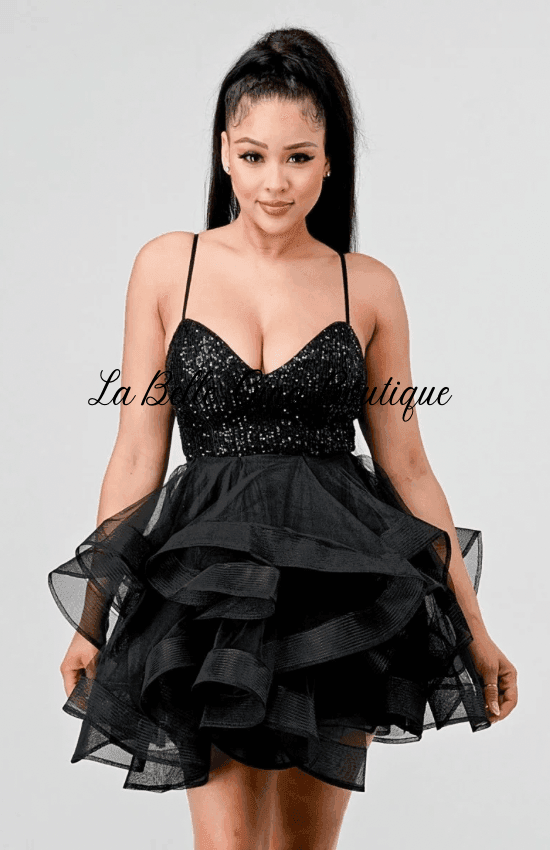 sequin ruffle mini dress Sandy Sequin And Tulle Sweetheart Neckline Ruffled Mini Dress-Black Black / Medium