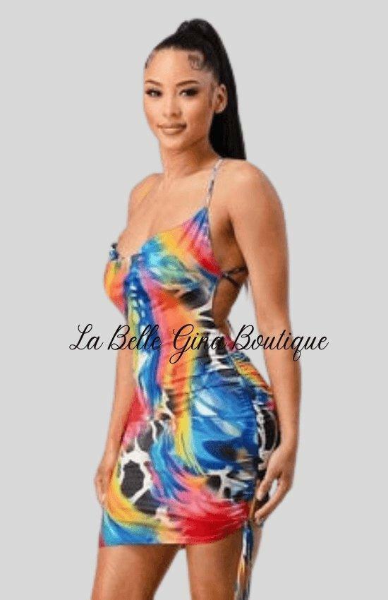 ruched drawstring mini dress Angel Multi Color Side Drawstring Mini Dress