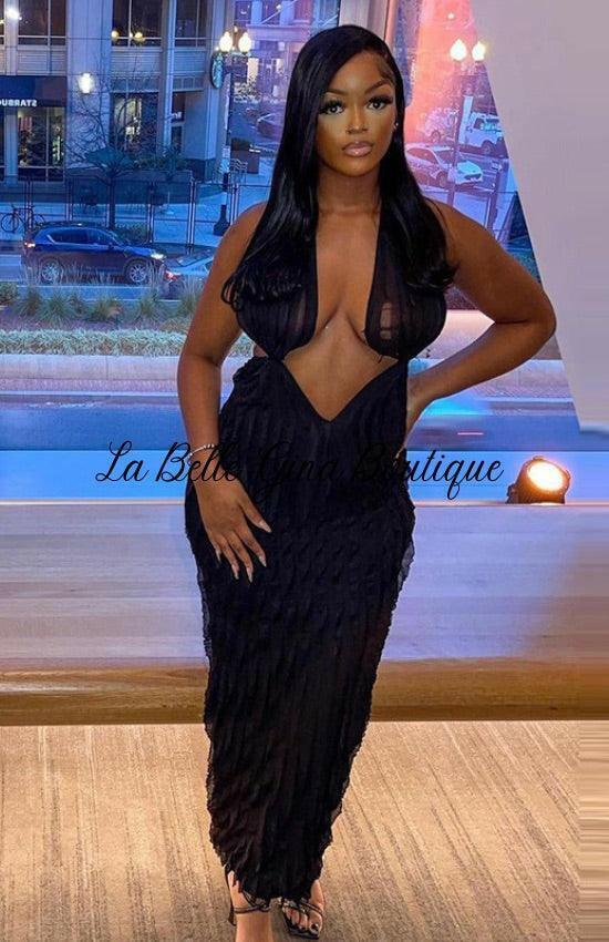 Bernadette Wavy Sexy Mesh Long Dress – Black