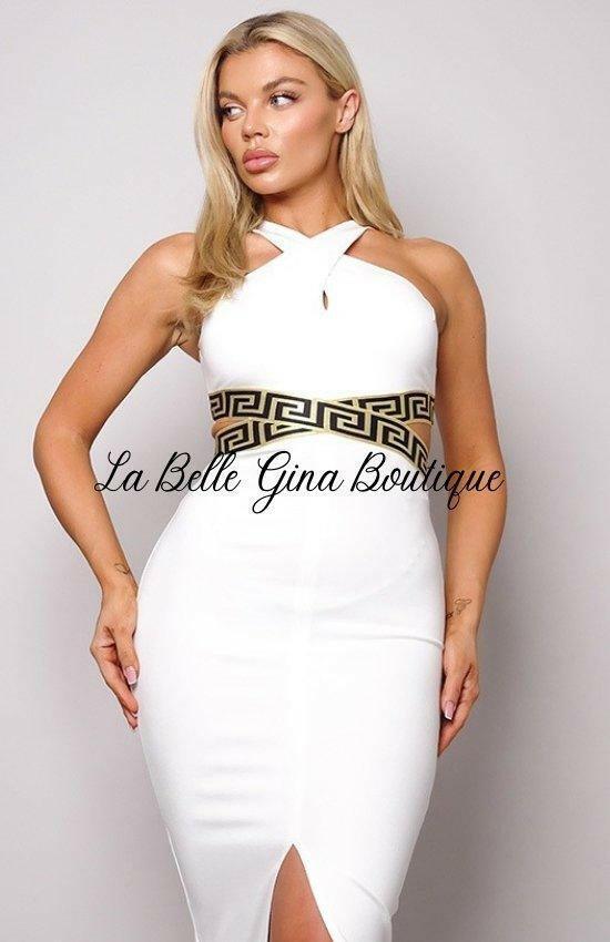 Camille Ivory Crossed Front Halter Geo Trim Mini Dress Chic & Stylish Ivory / Large