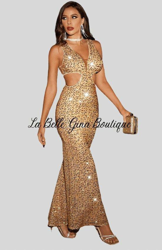slim fit dress slacks Claudia Cutout Sequin Maxi Dress-Champagne-FINAL Sale Champagne / Extra Small