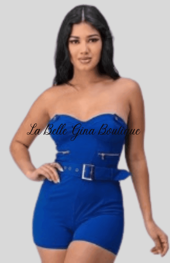 Kame ROYAL BLUE romper with belt La Belle Gina Boutique M / ROYAL BLUE / 95% POLYESTER 5% SPANDEX Kame ROYAL BLUE romper with belt La Belle Gina Boutique M / ROYAL BLUE / 95% POLYESTER 5% SPANDEX
