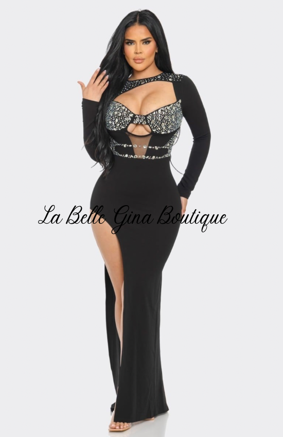 La Belle Gina Rhinestone Cut Out Maxi Dress Comfortable Elegant Long Sleeves
