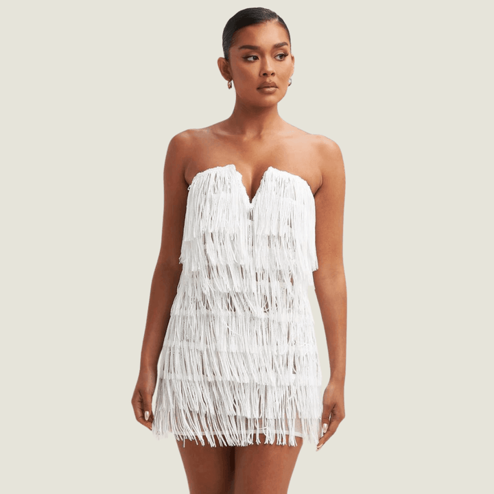 Gina Sequin Strapless V-Neck Fringe Mini Dress-White White / Medium Gina Sequin Strapless V-Neck Fringe Mini Dress-White White / Medium