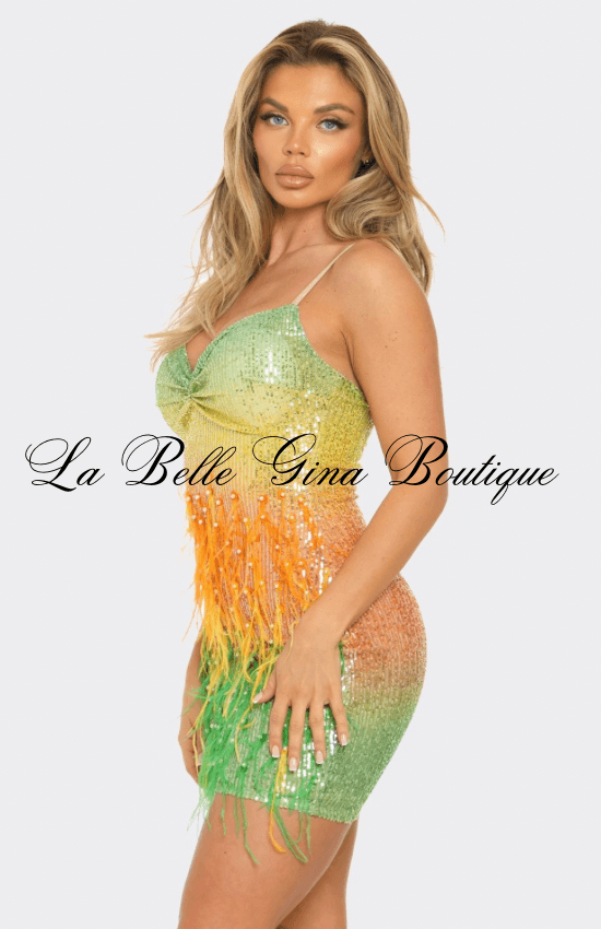multi color sequin dress Multi Color Sequin With Feather Bodycon Dress – La Belle Gina Boutique Yellow Multi / Small