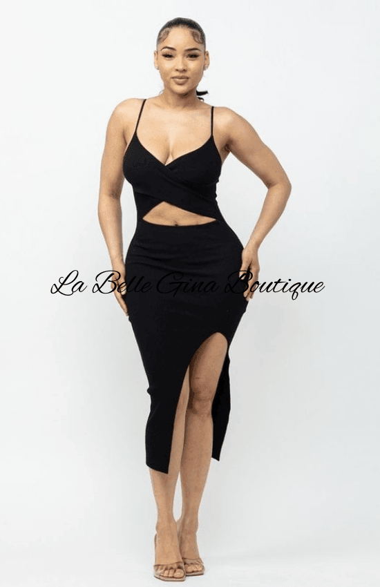 Sadia Cross Front Top Sleeveless V_Neck Side Slit Midi Dress-Black. La Belle Gina Boutique Sadia Cross Front Top Sleeveless V_Neck Side Slit Midi Dress-Black. La Belle Gina Boutique