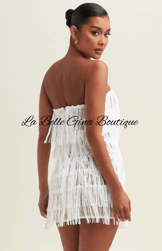 fringe mini dress white Soiree of the Decade Sequin Two-Piece Wrap skirt detail Liz Fringe Mini Dress- Pre
