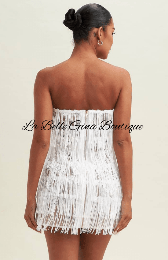 fringe mini dress white Gina Sequin Strapless V-Neck Fringe Mini Dress-White White / Medium