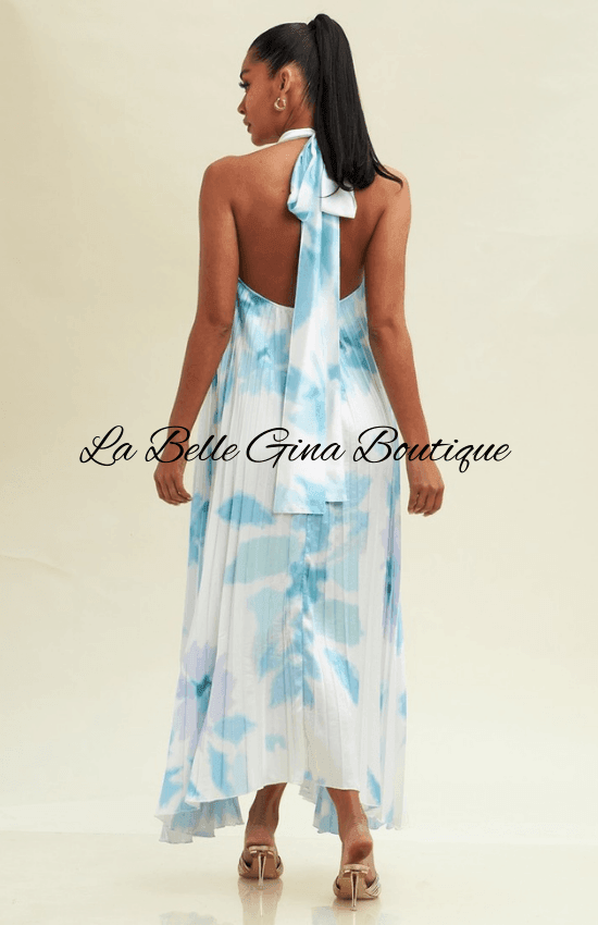 Lidde Sleeveless Halter Neck Open Back Maxi Dress-White/ Blue Blue/White / Large Lidde Sleeveless Halter Neck Open Back Maxi Dress-White/ Blue Blue/White / Large