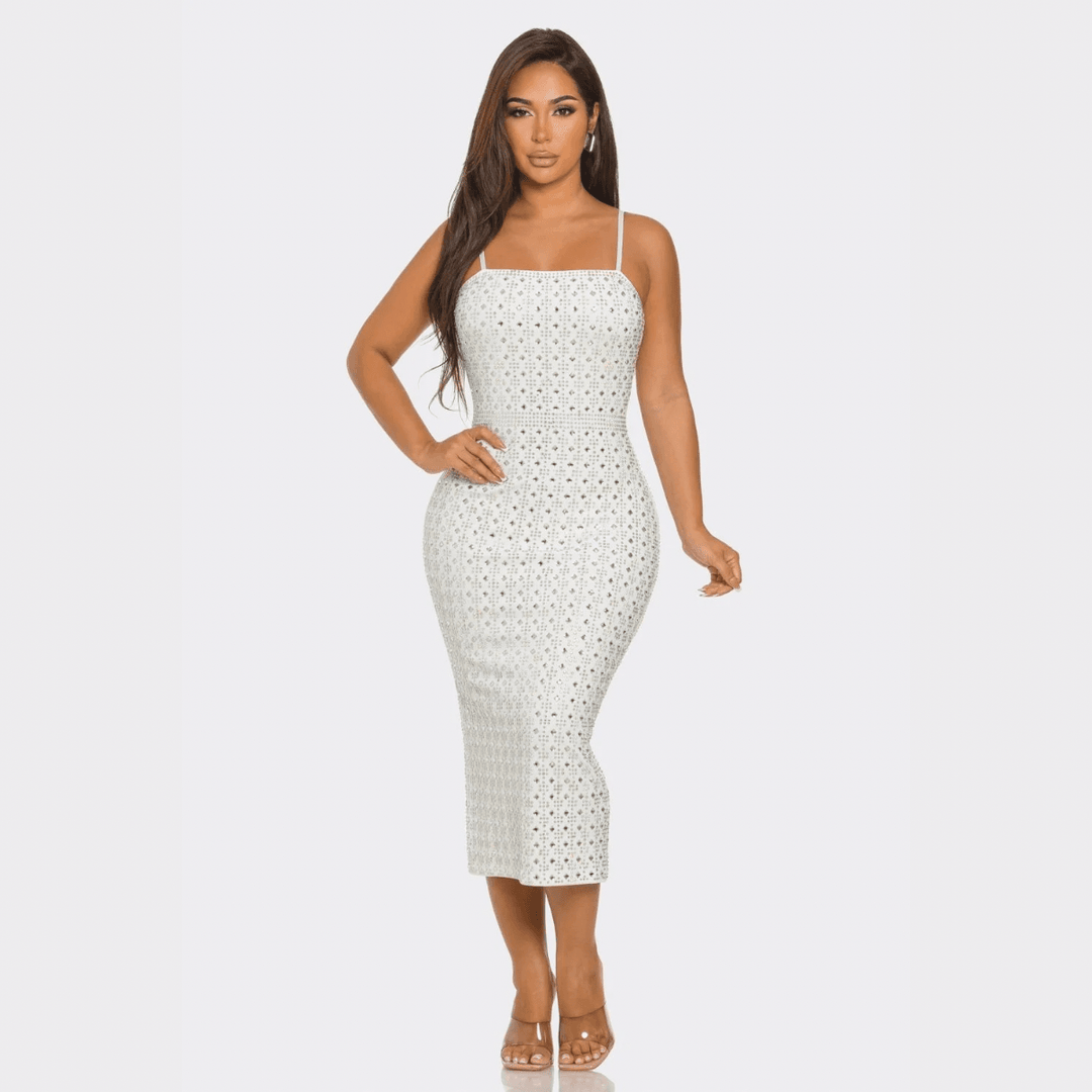 Jennie Diamond Rhinestone Midi Dress - Elegant & Glamorous White / Large Jennie Diamond Rhinestone Midi Dress - Elegant & Glamorous White / Large