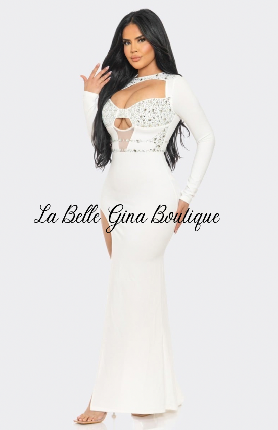 La Belle Gina Rhinestone Cut Out Maxi Dress Comfortable Elegant Long Sleeves