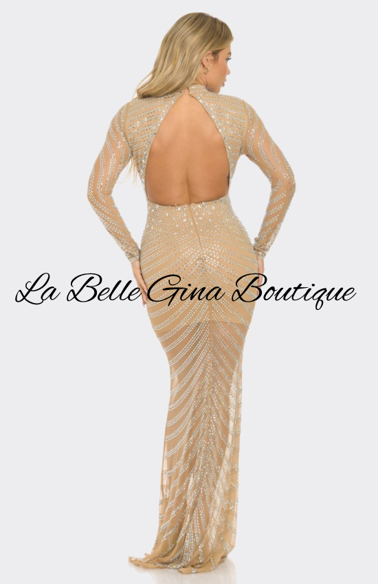 Black & Nude Rhinestone Long Sleeve Bodycon Gown | La Belle Gina Boutique
