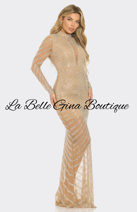 Black & Nude Rhinestone Long Sleeve Bodycon Gown | La Belle Gina Boutique