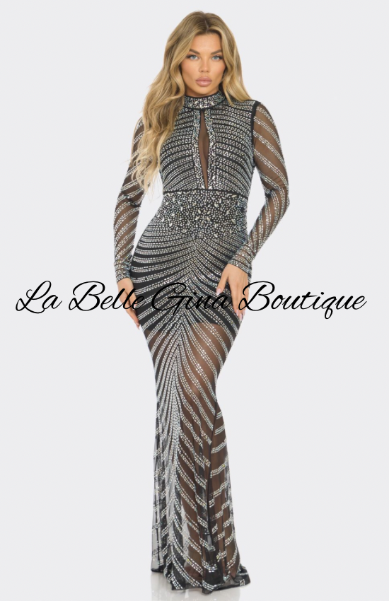 Black & Nude Rhinestone Long Sleeve Bodycon Gown | La Belle Gina Boutique