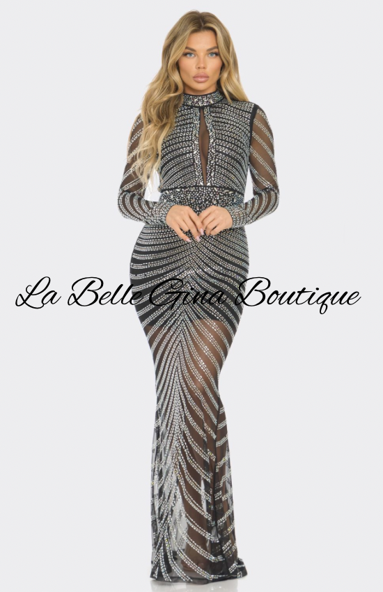 Black & Nude Rhinestone Long Sleeve Bodycon Gown | La Belle Gina Boutique